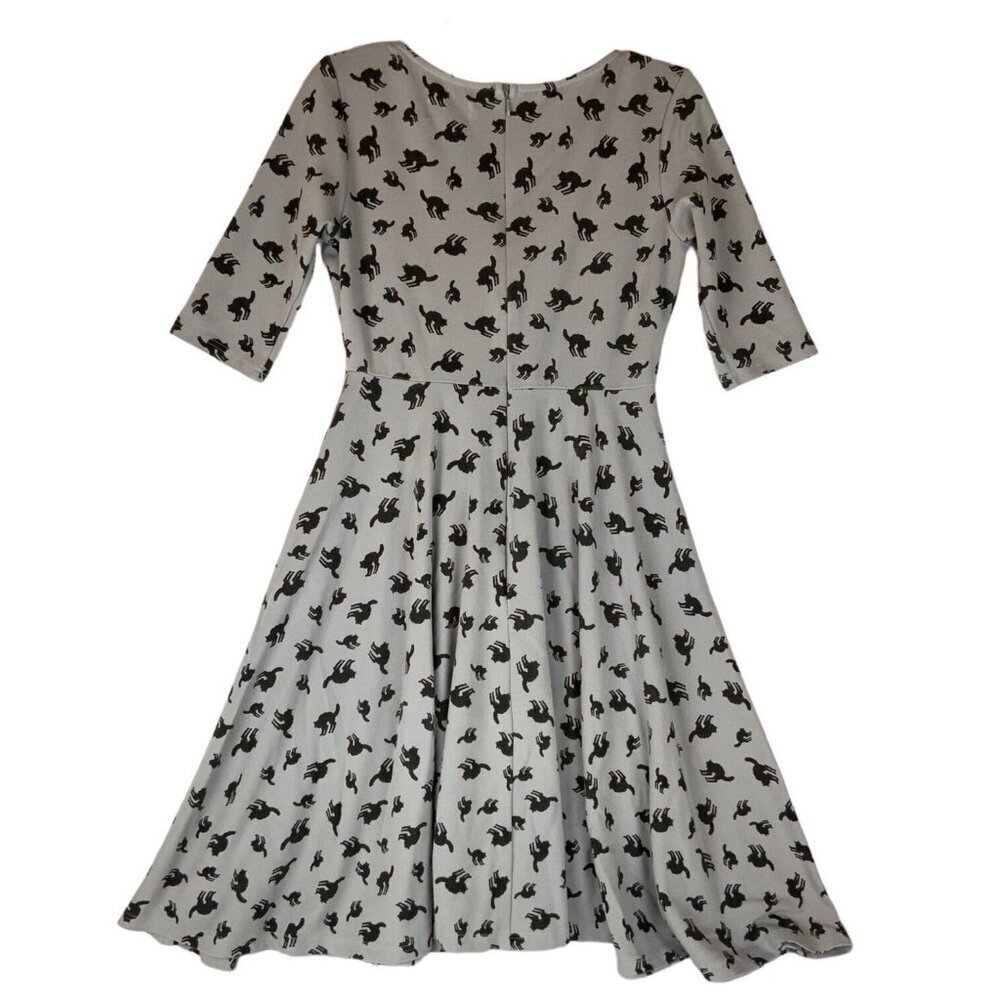 Unique Vintage Black Cat Knit Dress Medium 6-8 Gray Black Fit Flare Halloween - Picture 2 of 4